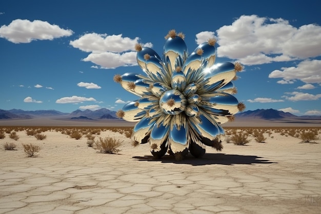 There is a large blue flower that is in the middle of the desert generative ai