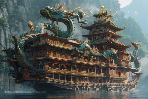 there is a large boat with dragon statues on it floating in the water generative ai