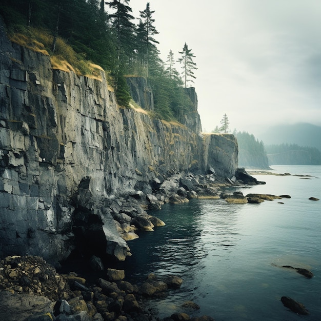 There is a large body of water near a rocky cliff generative ai