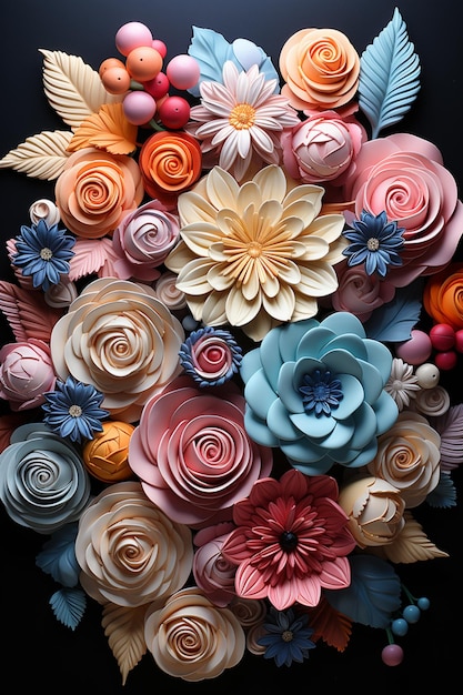 There is a large bouquet of paper flowers on a black surface generative ai