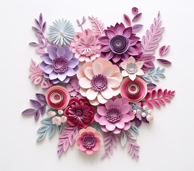 There is a large bouquet of paper flowers on a white surface generative ai