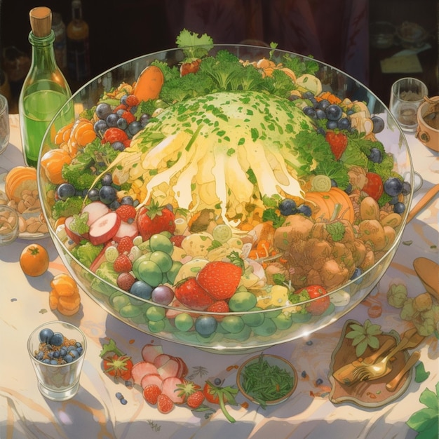 Foto c'è una grande ciotola di cibo su un tavolo con molta frutta e verdura ai generati