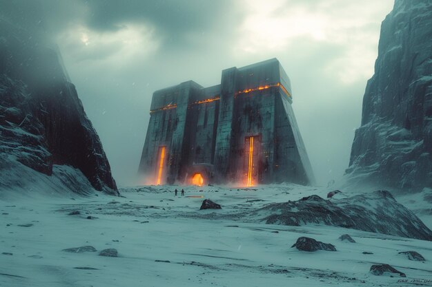 there is a large building that is in the middle of a snowy mountain generative ai