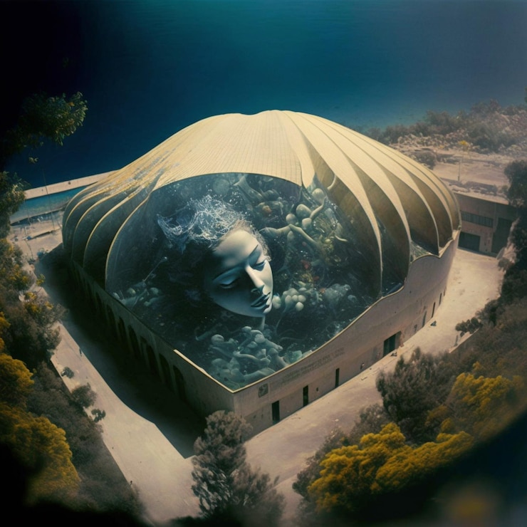Photo there is a large building with a large statue in it generative ai