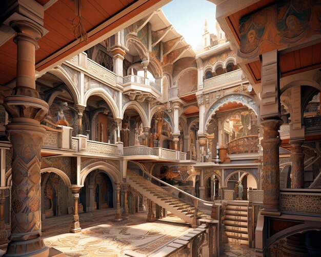 Photo there is a large building with a staircase and a balcony generative ai