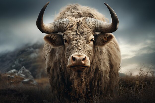 There is a large bull with horns standing in a field generative ai
