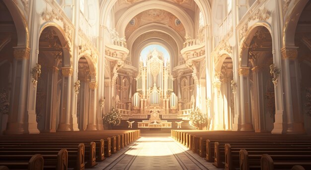 there is a large church with a lot of pews and a large window generativ ai