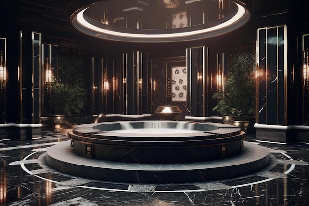 there is a large circular bathtub in a room with a circular ceiling generative ai