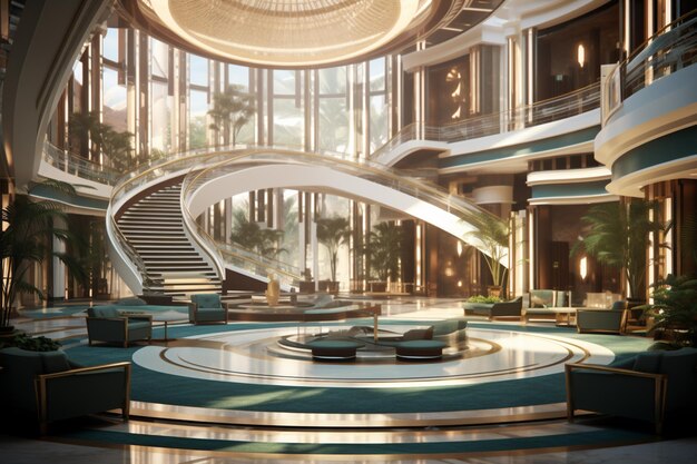 Photo there is a large circular room with a spiral staircase and a circular table generative ai