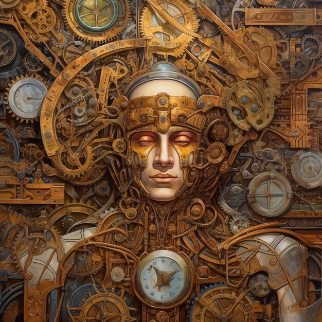 there is a large clock with a face made of gears generative ai