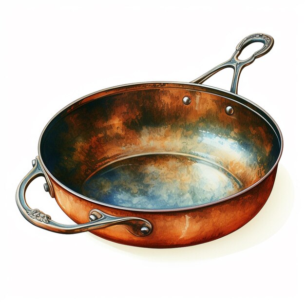 there is a large copper pan with a handle on a white surface generative ai