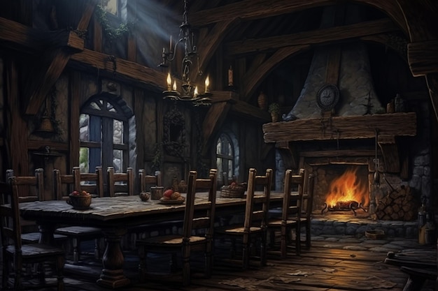 Photo there is a large dining room with a fireplace and a table generative ai