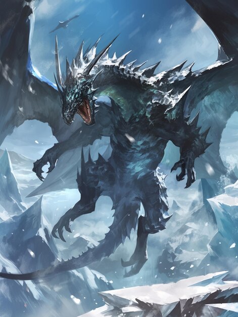 there is a large dragon that is standing in the snow generative ai