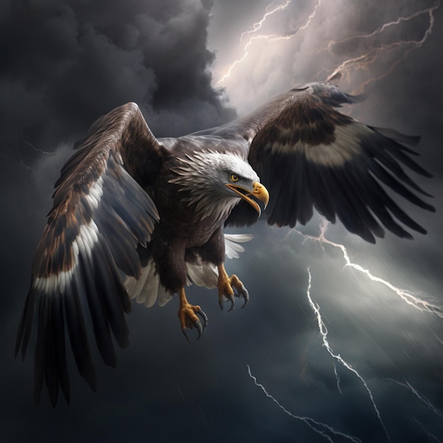 Photo there is a large eagle flying through the sky with a lightning bolt in the background generative ai