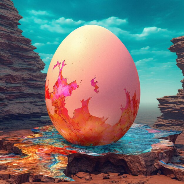 There is a large egg that is sitting on a rock generative ai