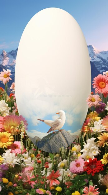 there is a large egg with a bird on it in a field of flowers generative ai