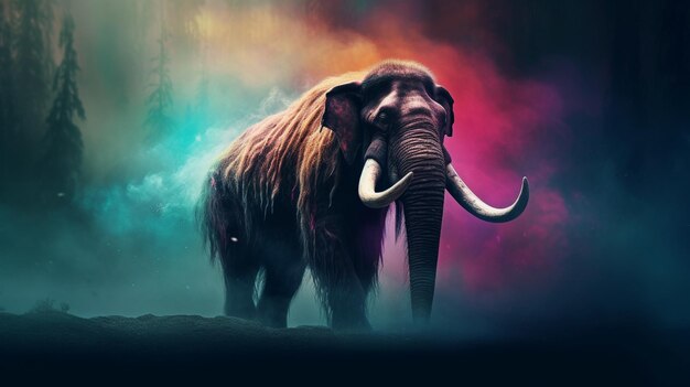 There is a large elephant standing in a field with a rainbow background generative ai