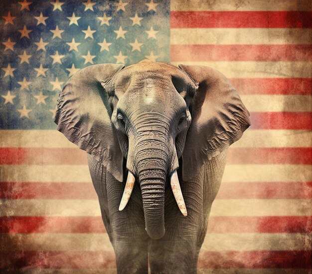 Большой слон стоит перед генеративным искусственным интеллектом американского флага.