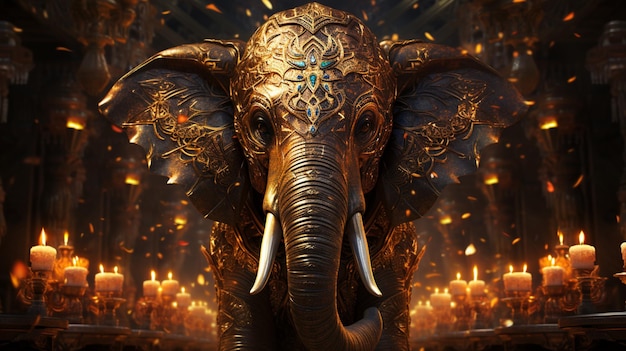 there is a large elephant with a gold head and a blue eye generative ai