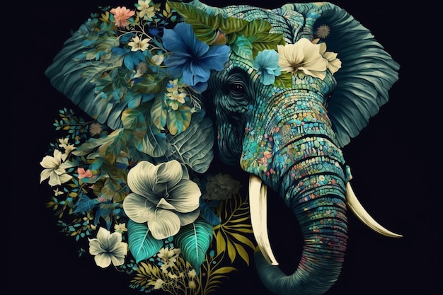 there is a large elephant with a large tusk and flowers on its head generative ai