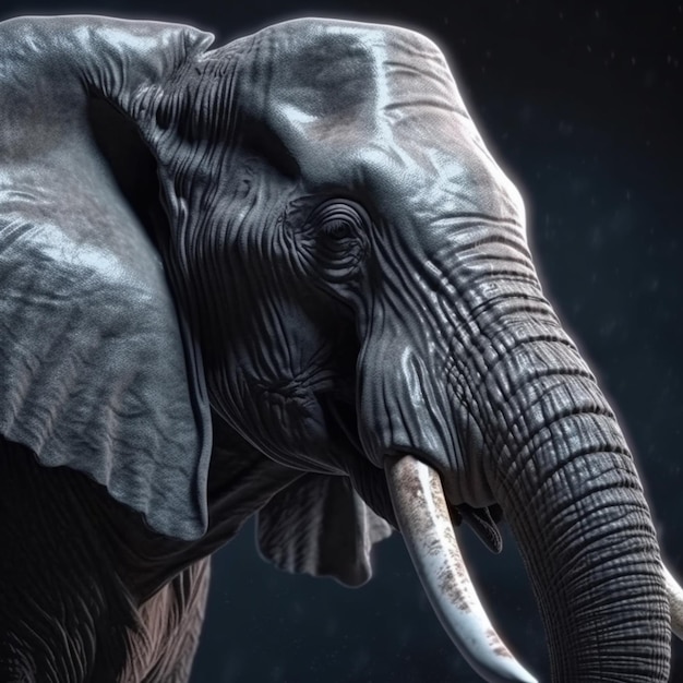 В темноте стоит большой слон с бивнями.