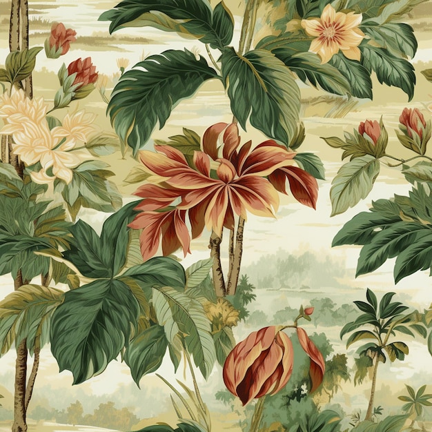 there is a large flower pattern on a wallpaper with many leaves generative ai