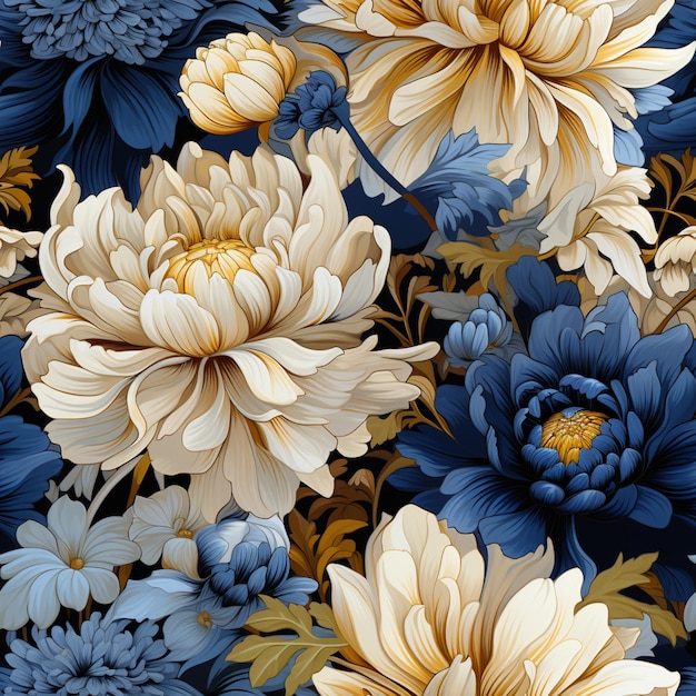 there is a large group of flowers that are blue and yellow generative ai