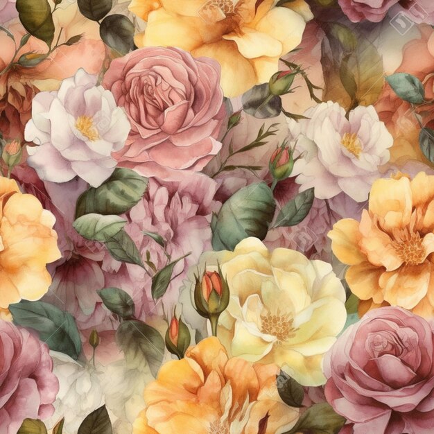 There is a large group of flowers that are painted in watercolor generative ai