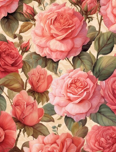 There is a large group of pink roses on a beige background generative ai