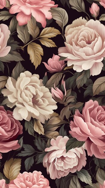 there is a large group of pink and white flowers on a black background generative ai