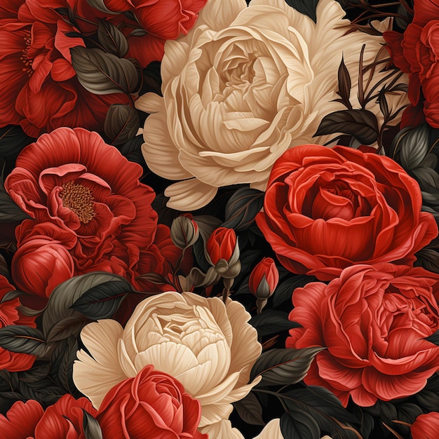 there is a large group of red and white flowers on a black background generative ai