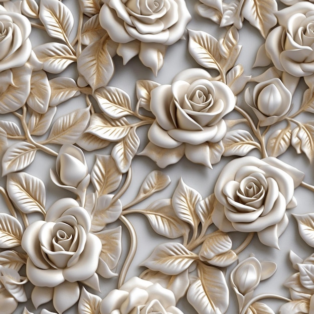 There is a large group of white roses on a wall generative ai