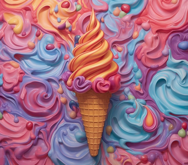 Photo there is a large ice cream cone with many different colored swirls generative ai