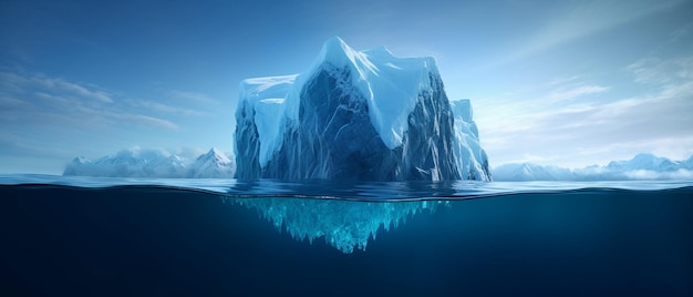 There is a large iceberg floating in the ocean with a sky background generative ai