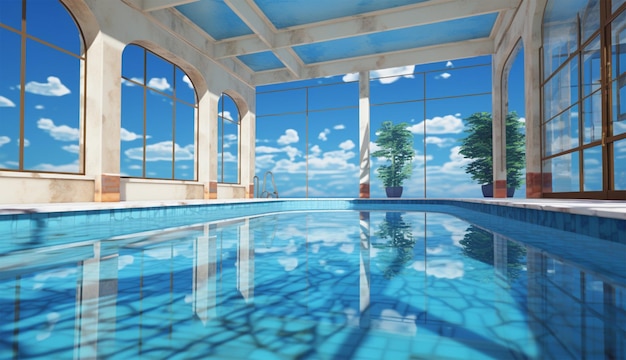 There is a large indoor swimming pool with a lot of windows