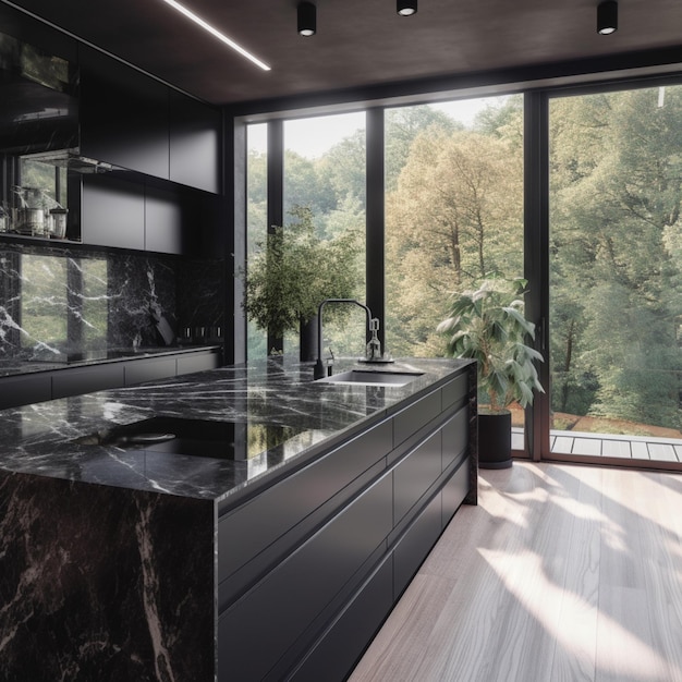 there is a large kitchen with a marble counter top and a large window generative ai