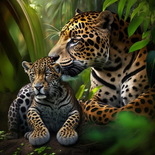 there is a large leopard and a small leopard sitting together generative ai