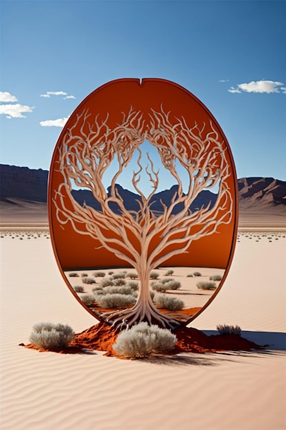 Foto c'è una grande scultura metallica di un albero nel deserto generativo ai