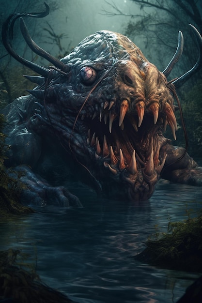 There is a large monster with sharp teeth in the water generative ai