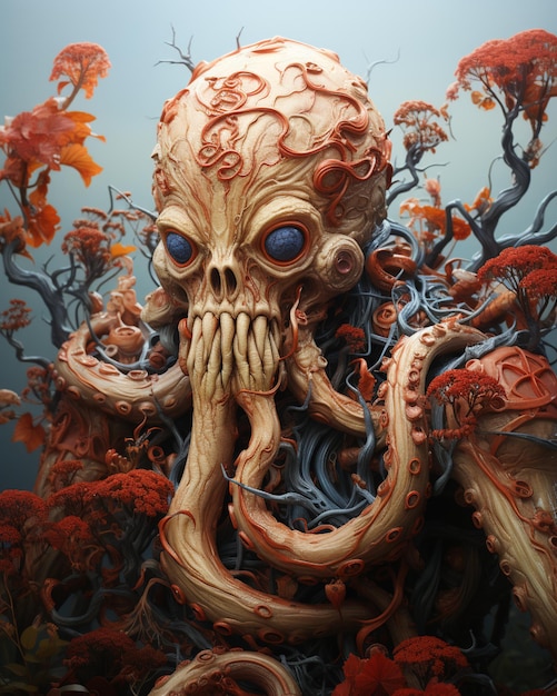 there is a large octopus with a human face and a tree generative ai