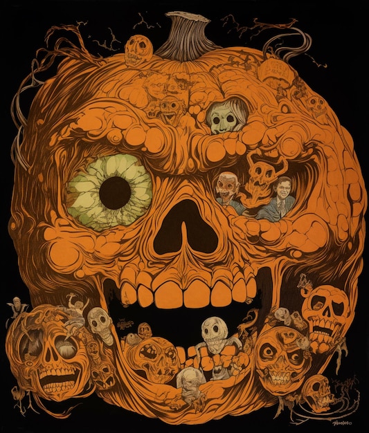 there is a large orange skull with many different faces on it generative ai