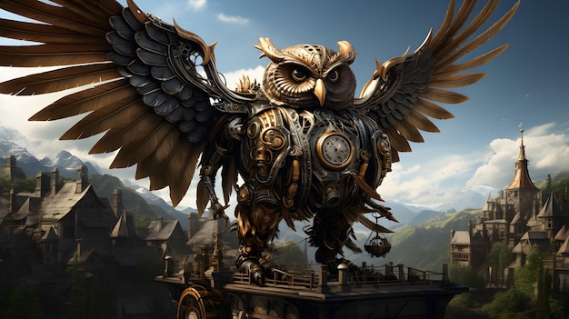 There is a large owl statue on top of a building generative ai