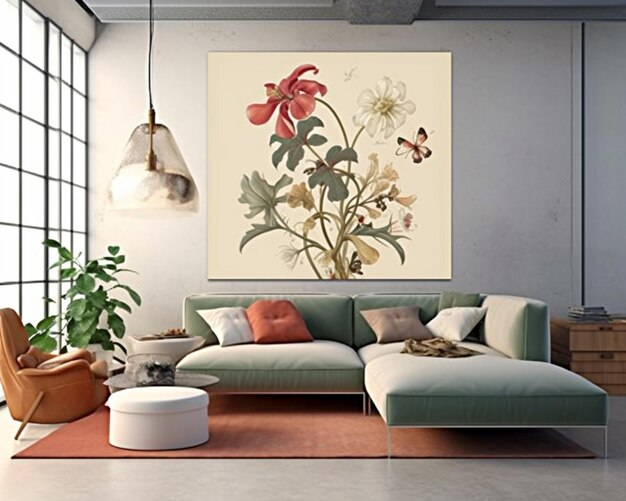 there is a large painting of a flower on the wall in a living room generative ai