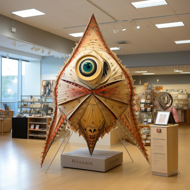 There is a large paper sculpture of a fish with a big eye generative ai