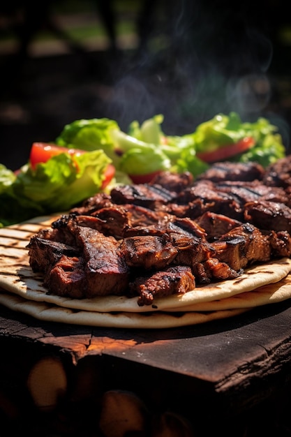 there is a large piece of meat on a pita with lettuce and tomatoes generative ai