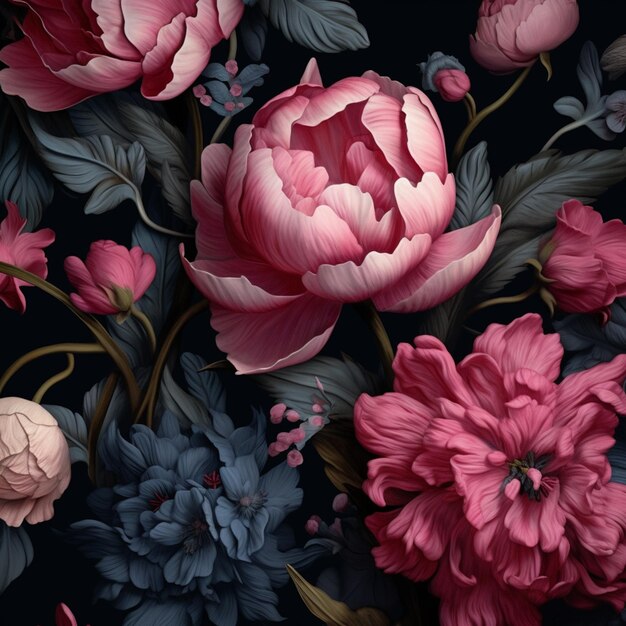 there is a large pink flower with green leaves on a black background generative ai