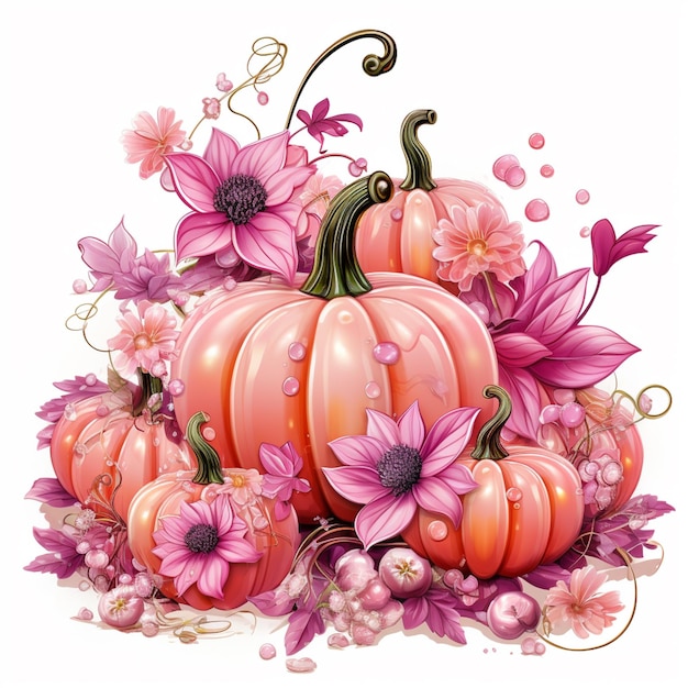 there is a large pumpkin surrounded by flowers and leaves generative ai