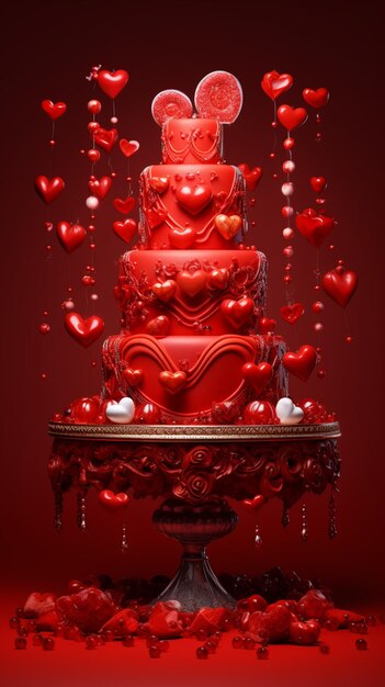 There is a large red cake with hearts all over it generative ai