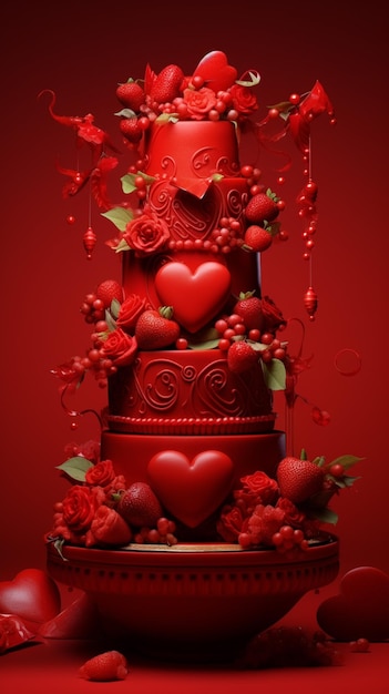 Там большой красный торт с сердцами и цветами на нем.