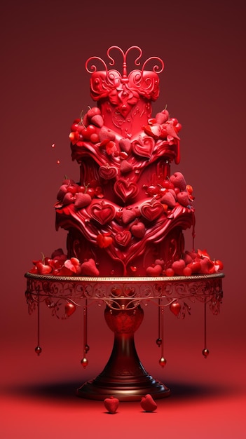그 위에 심장이 새겨진 큰 빨간 케이크가 있습니다.
